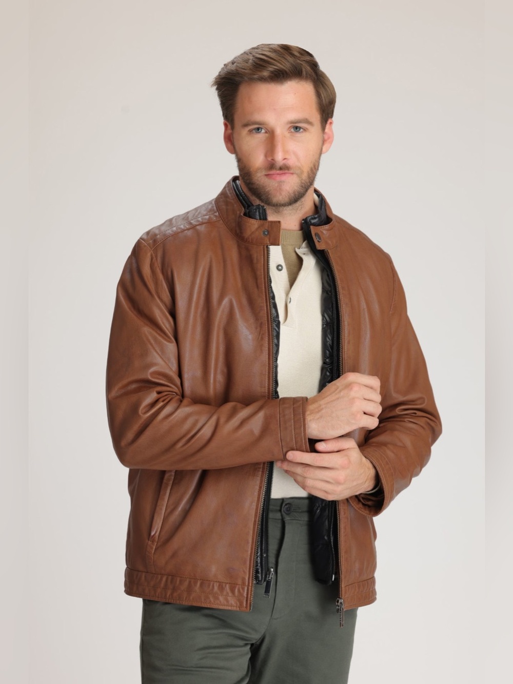 Danier Caramel Brown Genuine Italian Leather Moto Bomber Jacket, XL